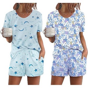 Ekouaer 2 Pack Pajamas Short Sleeve Top with Shorts Sets Comfy Pjs Lounge Sets Sleepwear for Women - 1 of 4