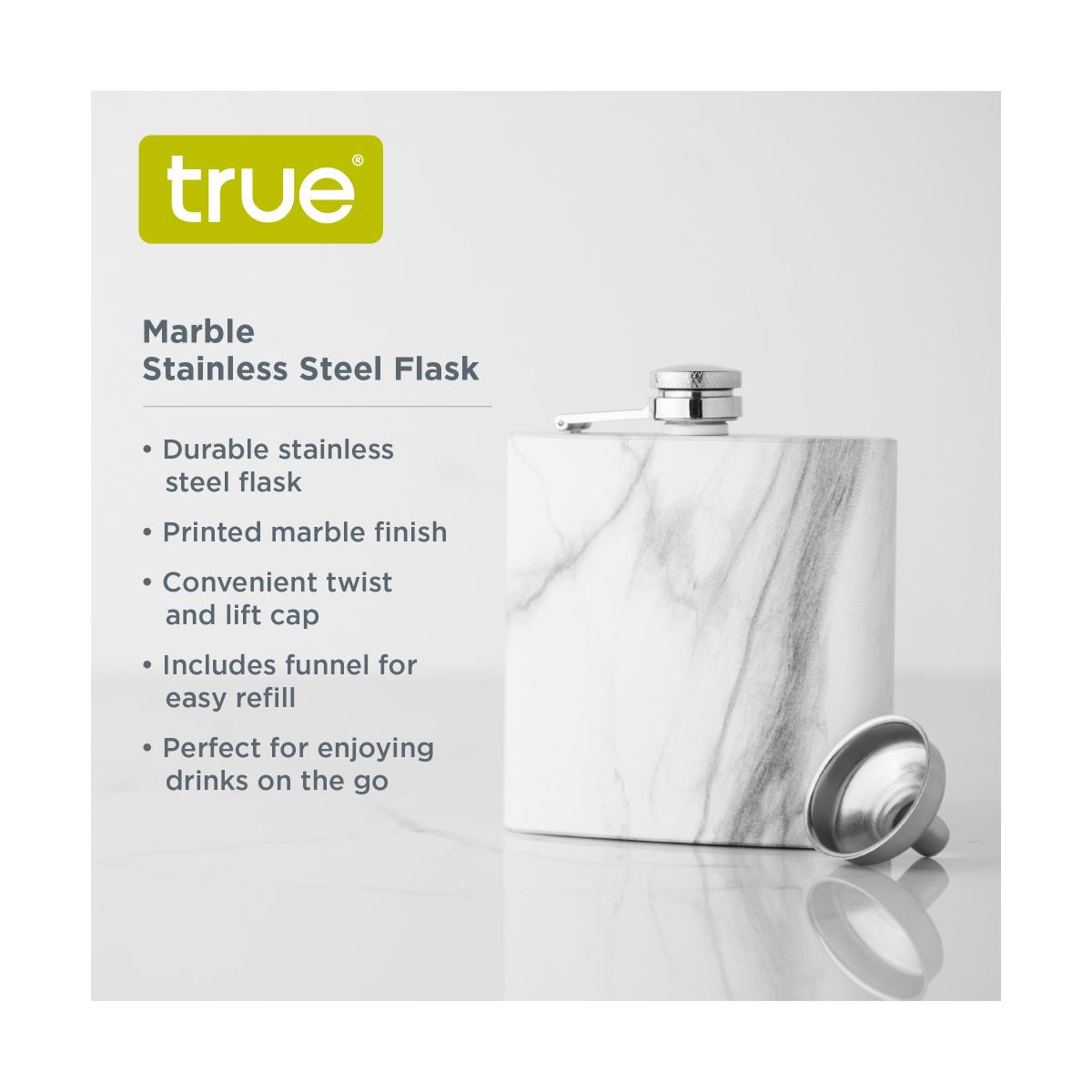 True Marble 6 oz Stainless Steel Liquor Flask for Whiskey, Bourbon, Tequila, Alcohol, Metal Flask for Travel, Outdoor Party, Gifts for Men & Women - thumbnail 2