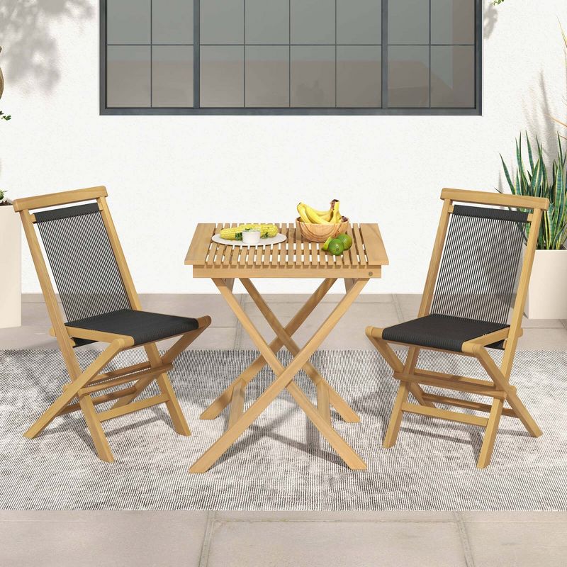 Costway 2/4 PCS Patio Folding Chairs with Woven Rope Seat & Back Indonesia Teak Wood for Porch Natural&Black, 4 of 9