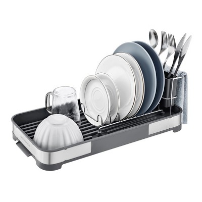 SONGMICS Dish Drying Rack, Dish Dryer for Kitchen Counter, Stainless Steel Dish Rack with Drain, Utensil Holder, Rustproof