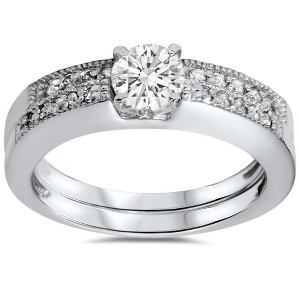 Pompeii3 5/8ct Pave Milgrain Diamond Bridal Engagement Wedding Ring Set 14K White Gold - 1 of 4