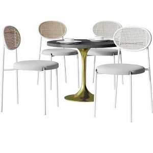 LeisureMod 5-PC Dining Set - 36" Round Dining Table Black MDF Top & Gold Base, 4 Velvet Dining Chairs in White Steel Legs - 1 of 4