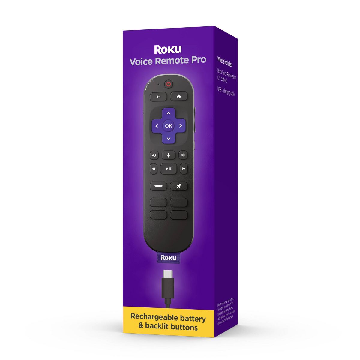Roku Voice Remote Pro (2nd Edition) Rechargeable replacement voice remote, backlit buttons, and hands-