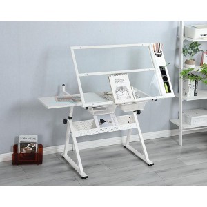 Vynxaria WHITE adjustable tempered glass drafting printing table with chair - 1 of 4