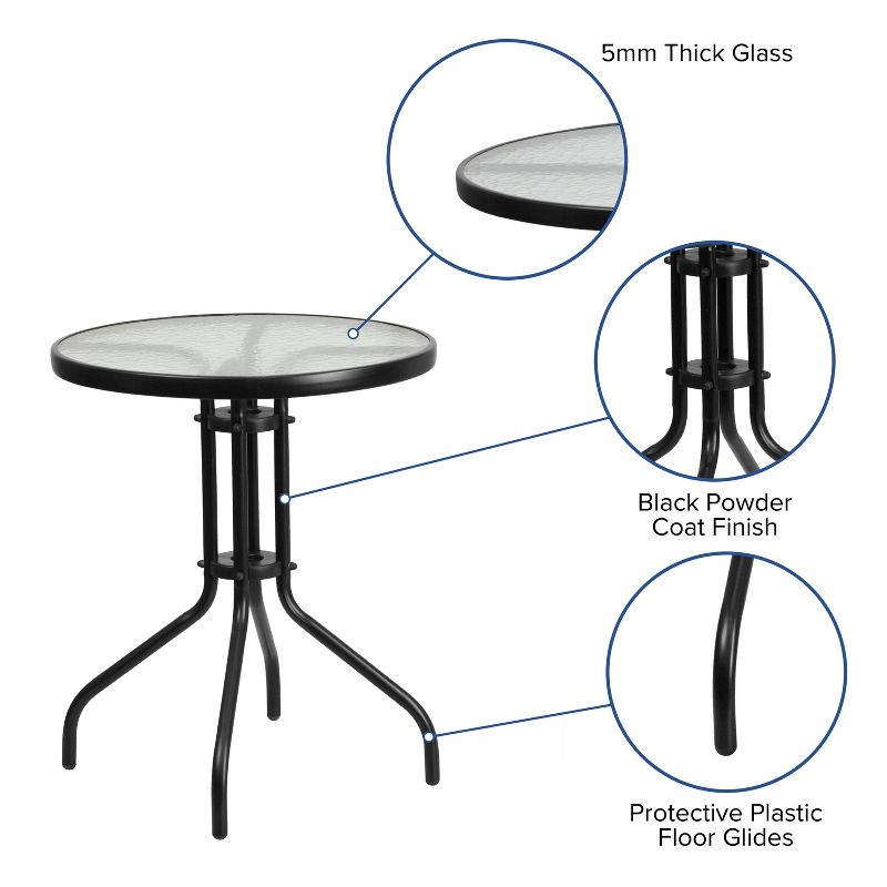 Emma and Oliver Three Piece Patio Table Set with Round Metal Frame Table with Tempered Glass Top and Two Flex Comfort Stacking Chairs, 3 of 11