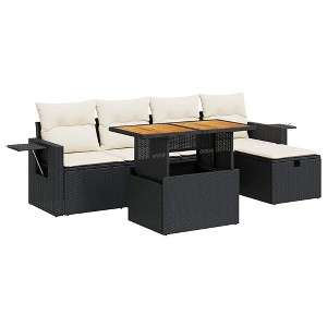 vidaXL 6 Piece Patio Sofa Set with Cushions Black Poly Rattan Acacia - Black and Cream with Storage - 1 of 4