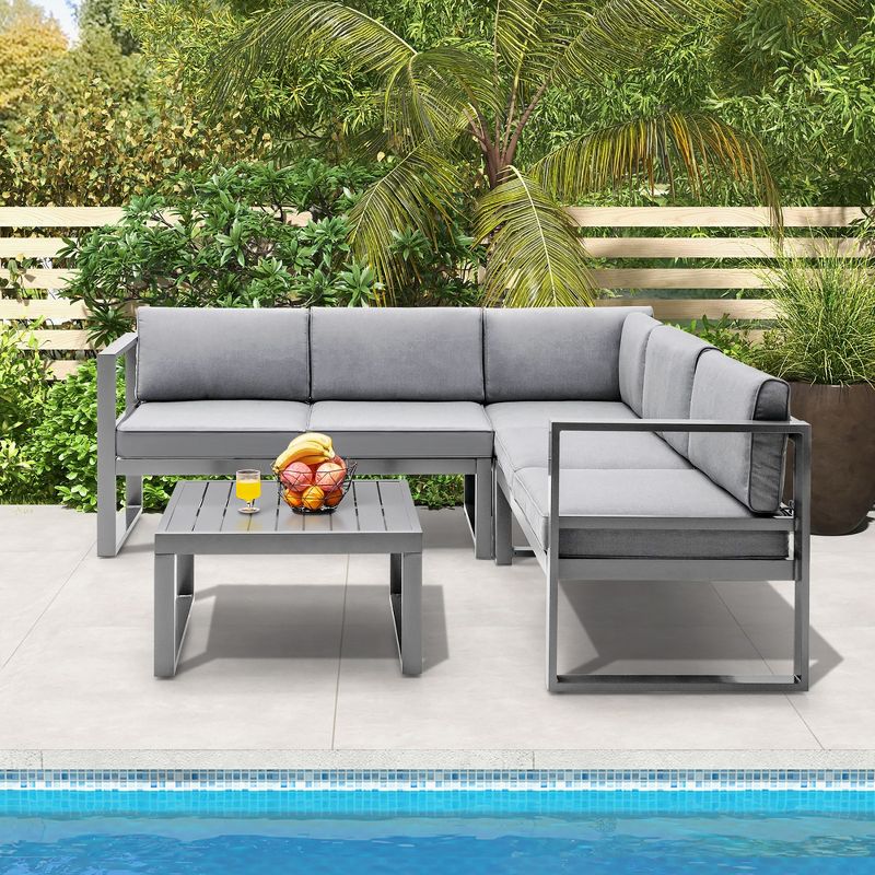 Tangkula 4PCS Aluminum Outdoor Conversation Set Patio Furniture Set w/ Coffee Table & Cushions Gray, 4 of 11