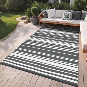Reversible Outdoor Patio Rug - Waterproof Plastic Straw Mat, Striped Camping Rug for Front Porch, Deck, Backyard, RV, Picnic, Beach - 1 of 4