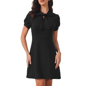 INSPIRE CHIC Elegant Women's Work Tie Neck Puff Short Sleeve Business Office Short Dress Small Black