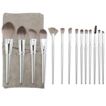 Unique Bargains Foundation Powder Concealers Eye Shadows Makeup Brushes and Storage Bag Gray Silver Tone 14 Pcs