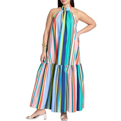 ELOQUII Women's Plus Size Multi Stripe Trapeze Maxi Dress