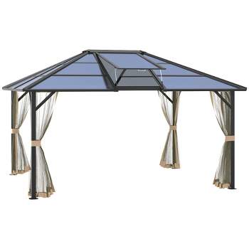 Outsunny 12x14 Hardtop Gazebo with Aluminum/Metal Frame, Polycarbonate Gazebo Canopy with Netting and Top Vent for Garden, Patio, Backyard, Gray