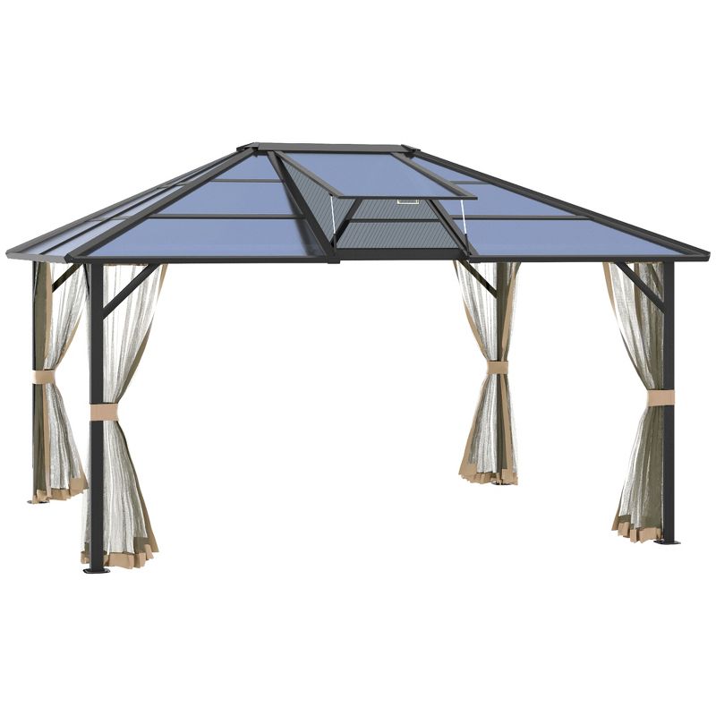 Outsunny Hardtop Polycarbonate Gazebo Canopy Aluminum Frame Pergola with Top Vent and Netting for Garden, Patio, Grey, 1 of 7