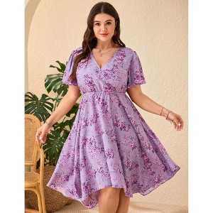 YESFASHION Plus Size Women Wrap V Neck Midi Dress Short Sleeves High Waist Irregular Hem Casual Summer Dress - 1 of 4