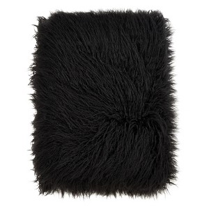 50"x60" Faux Mongolian Fur Throw Blanket Black - Saro Lifestyle: Modern Polyester Backing, Year-Round Comfort - 1 of 4