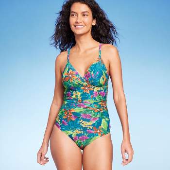 Women's Tropical Print Shirred Full Coverage One Piece Swimsuit - Kona Sol™ Multi XS