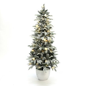 LuxenHome 5Ft Flocked Artificial Tree Potted and Pre-Lit with 100 Lights Green - 1 of 4