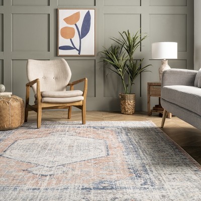 Peach Floral Soft Synthetic 5' x 8' Easy Care Area Rug