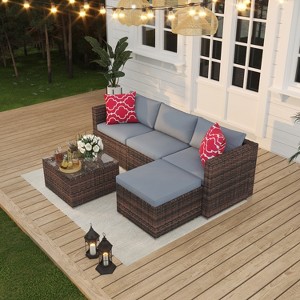 5 Pieces Patio Furniture Set, Rattan Outdoor Patio Furniture Sofa Set with Anti-Slip Cushions, All-Weather Wicker Sectional Sofa with Coffee Table - 1 of 4