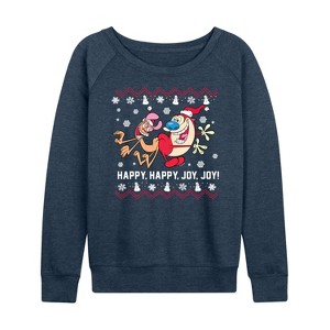 Women's - Ren & Stimpy - Happy Happy Joy Joy Lightweight French Terry Wide Neck Long Sleeve Shirt - 1 of 4