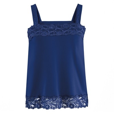 Collections Etc Lace Trim Camisole Tank Top with Square Neckline X-Large Female Navy