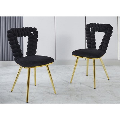 Set of 2 Dining Chair with Upholstery, Upholstered Modern Dining Chair with Gold Legs and Hairball Back Design-Maison Boucle