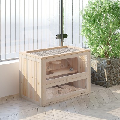LAOTIES 2-Level Wooden Hamster Cage for Small Animals,Indoor Outdoor Habitat with Ramp,Shelf,Openable Wire Top And Front Door