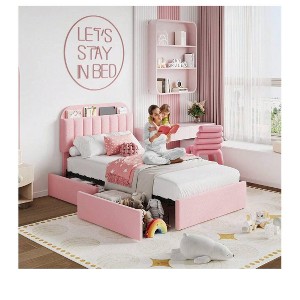 2025 New Bed Frame With 2 Flexible Drawers And Bookcase Headboard, Boucle Upholstered Platform Bed For Boys/Girls, Noise-Free, Easy Assembly, No Box - 1 of 4