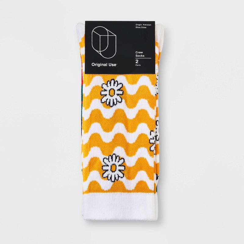 Men&#39;s Daisy/Striped Crew Socks 2pk - Original Use&#8482; Yellow/White 6-12, 2 of 4