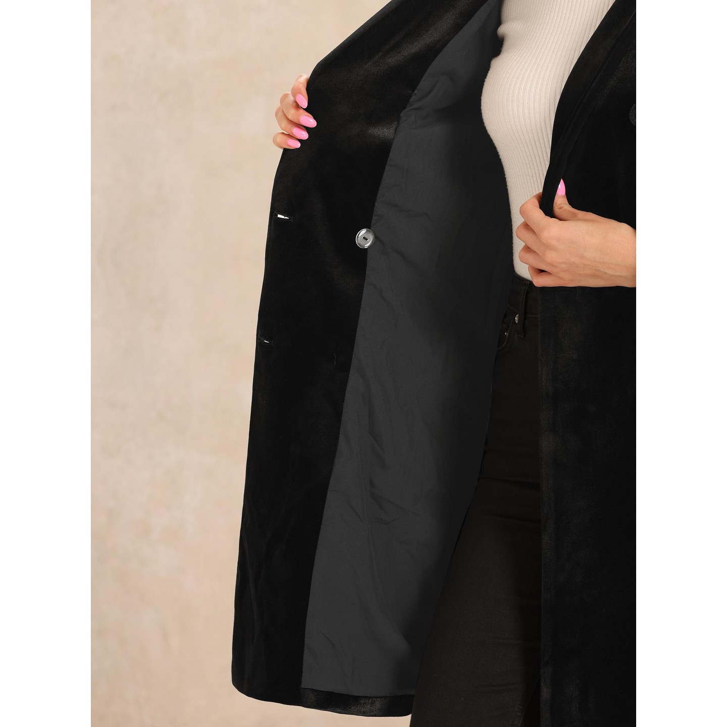 Женские куртки Allegra K Velvet Lapel Double Breasted Long Outerwear Winter Coats Medium Black, цвет: Чёрный — фото 5