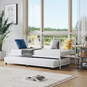 Twin Size Daybed, Metal Daybed Frame with Trundle, Heavy Duty Metal Slats, Mattress Foundation Platform Sofa Bed with Lockable Casters - 1 of 4