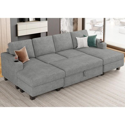 Belffin U-Shaped 6-Seater Sleeper Sectional - Modular Chenille Couch with Pull-Out Bed & Dual Storage Chaise