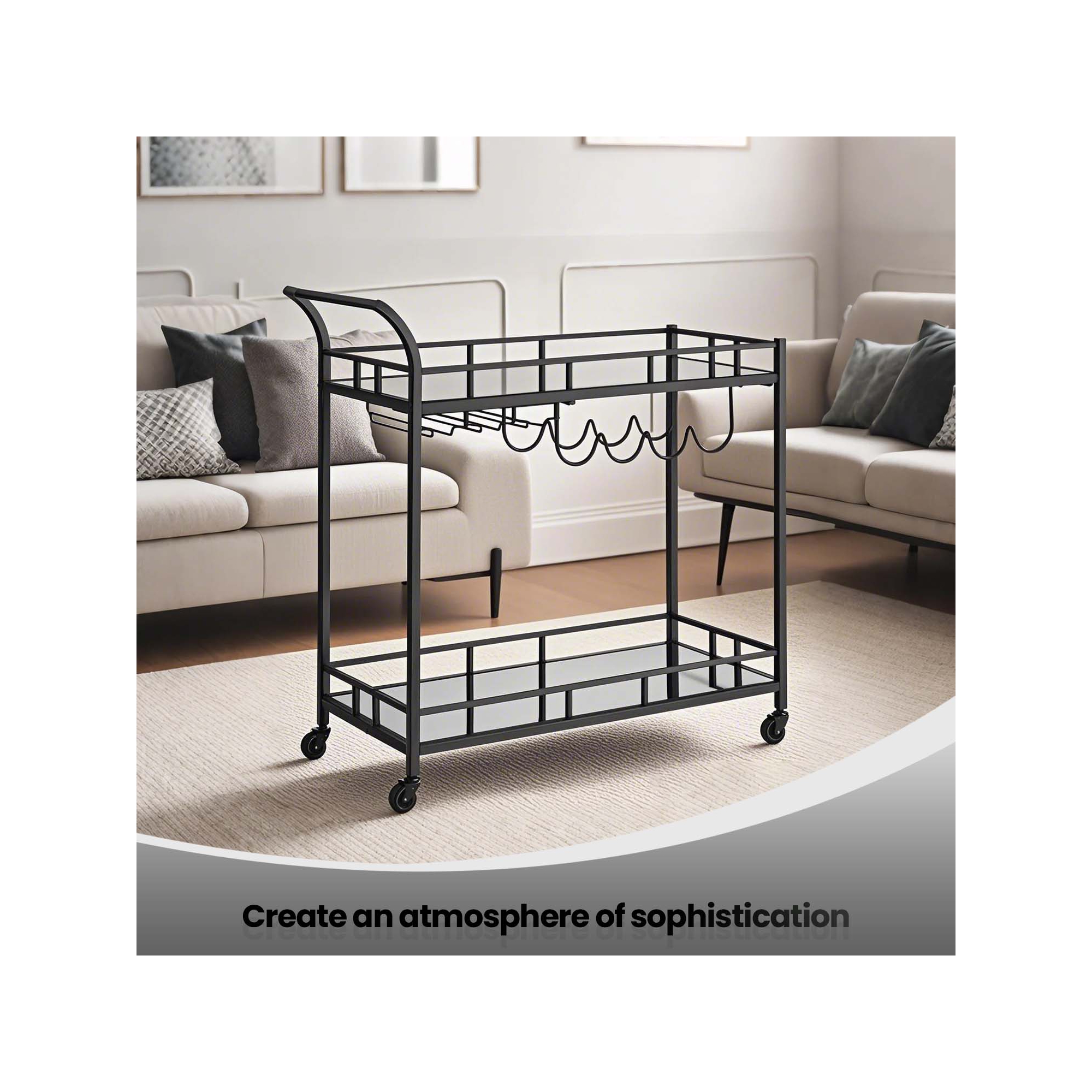 LEDREM Drink Serving Cart, Bar Cart, with 2 Mirrored Shelves, Wine and Glass Holders, for Kitchen, Dining Room, Black