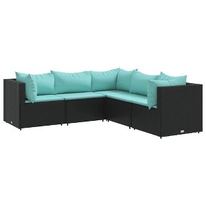 vidaXL Patio Lounge Set with Cushions Sectional Sofa Garden Backyard Poly Rattan - Black and Blue 3x Corner 2x Middle - 1 of 4