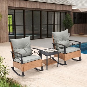EROMMY 3-Piece Bistro Set,Outdoor PE Rattan Rocking Chairs with Cushions and Coffee Table,Patio Rocker Chair Set for Porch and Backyard - 1 of 4
