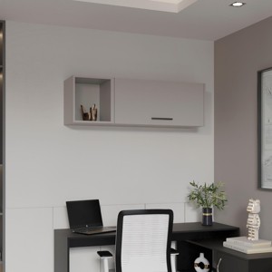 INFURNIC Decorative Wall Shelf Wall Shelf with Door and Three Shelves for Spirits and Glassware Sleek Modern Design, Grey, 13"*47.2"*14.9" - 1 of 4
