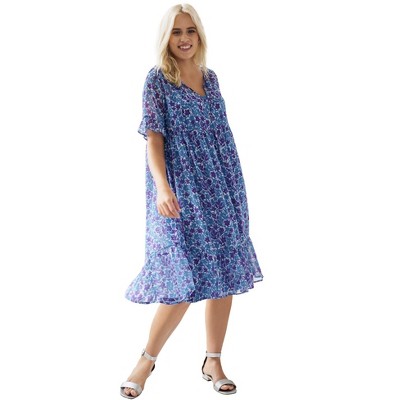 ellos Women's Plus Size Sheer Ruffle Trim Dress With Keyhole Neckline