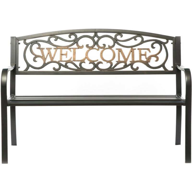 Steel Outdoor Patio Garden Park Seating Bench with Cast Iron Welcome Backrest, Front Porch Yard Bench Lawn Decor, 2 of 10