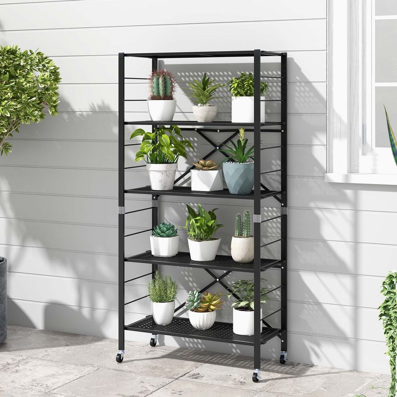 Costway 5-Tier Foldable Storage Shelves Adjustable Collapsible Organizer Rack with Wheels, 2 of 11