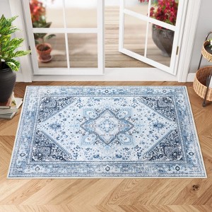 Vintage Washable Floral Area Rug: Non-Slip Distressed Oriental Carpet with Medallion – Low-Pile Accent Floor Mat for Living Room, Laundry Room - 1 of 4