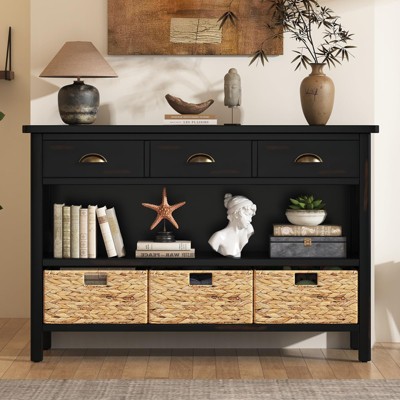 47.00" Sideboard Buffet Cabinet Accent Cabinet Elegant Vintage Console Table with Drawers Water Hyacinth Woven Baskets