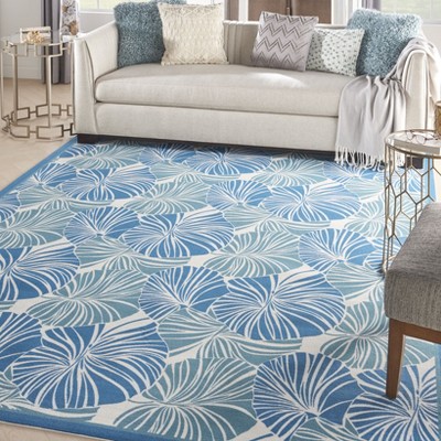 Blue Tropical Leaf Pattern Rectangular Outdoor Rug