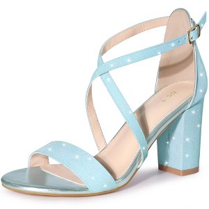 Allegra K Women's Glitter Buckle Closure Crisscross Strap Block Heels Sandals - 1 of 4