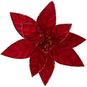 Northlight Glittered Poinsettia Christmas Floral Pick Clip-On Ornament - 10" - Red - 1 of 4