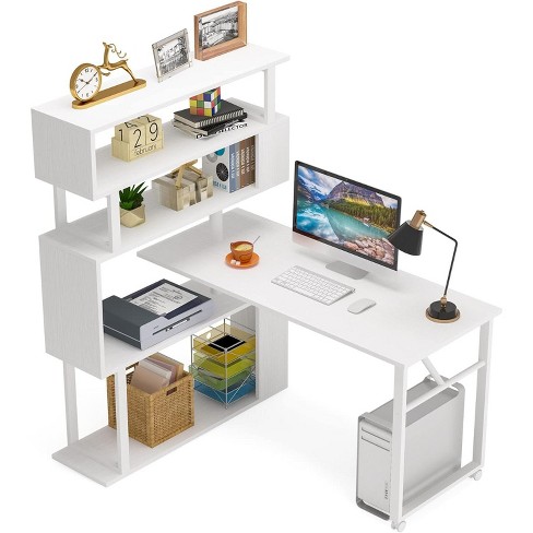 Tribesigns L Shaped Rotating Computer Desk with Bookshelf White