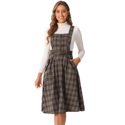 Женские платья INSPIRE CHIC Women's Plaid Square Neck Belted Sleeveless A-Line Pinafore Dress X-Large Yellow