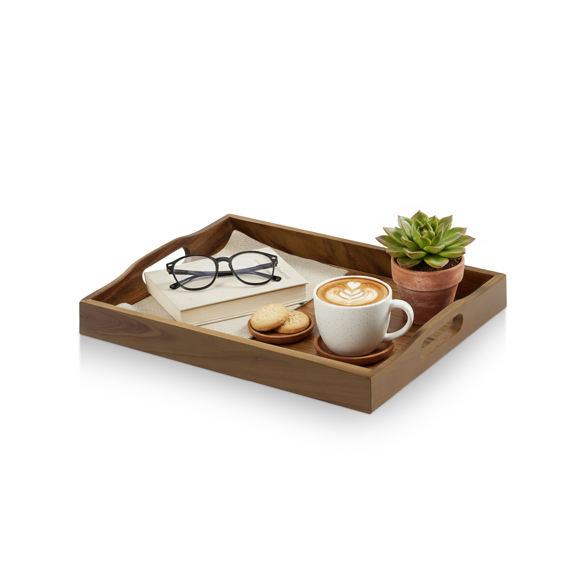 Garnen Walnut Wood Serving Tray with Handles, Rectangular Wooden Tray for Ottoman, Coffee Table, Patio & Breakfast in Bed, Wooden Serving Trays, Brown