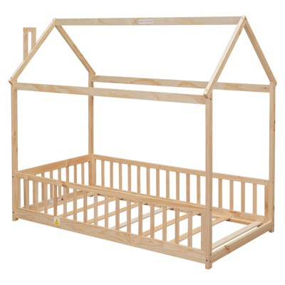 FONTOI Beds, Twin Floor Bed with Frame, Wood Bed with Guardrails, Roof and Slats for Girls and Boys, Brown, 44.8"*72.4"*78.2"