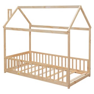 FONTOI Beds, Twin Floor Bed with Frame, Wood Bed with Guardrails, Roof and Slats for Girls and Boys, Brown, 44.8"*72.4"*78.2" - 1 of 4