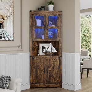 Farmhouse Corner Cabinet with Lights, Tall Corner Storage Cabinet with Glass Door & Adjustable Shelves - 1 of 4